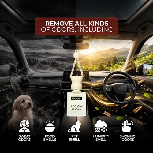 Image of Evair Car Air Freshener with Essential Oils Fragrance in Glass Bottle with Wooden Diffuser Lid | 10 ml - Pack of 1 (Sandalwood)