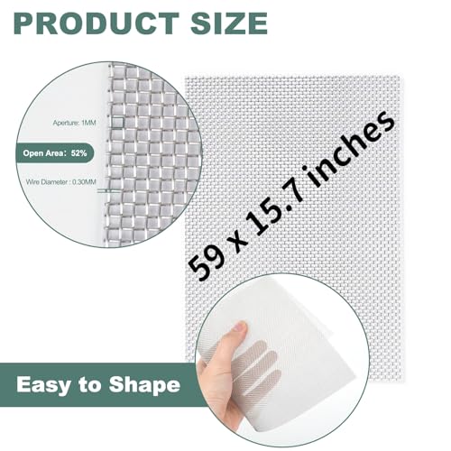 304 Stainless Steel Wire Mesh Screen, 15.7 X 59 Inches, 1mm Hole 20 Mesh | No Rust and Sturdy, Easy to Cut, Heat-Resisting Metal Mesh for Vent, Window Screen Mesh, Cage, Filter Mesh, DIY Projects, etc