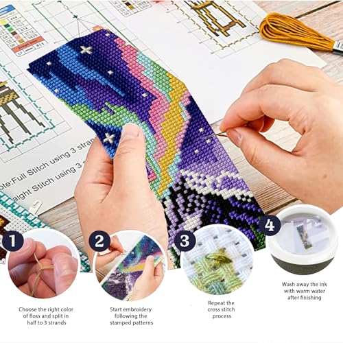 Image of ACRNIGHEET 6PCS Cross Stitch Kits Stamped Cross Stitch Bookmark Kit for Beginner Adults Colorful Aurora Embroidery Bookmark Kit Needlepoint Kits with Instructions Book Lovers Craft Gift 8.5''x3'' 11CT