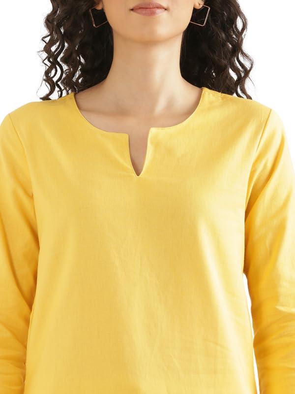 Image of SAADAA Airy Linen Split Neck Short Kurta for Women | Casual & Office Wear | 3 /4 Sleeves, Comfortable Fit | Elegant Top | Lightweight & Breathable Fabric |