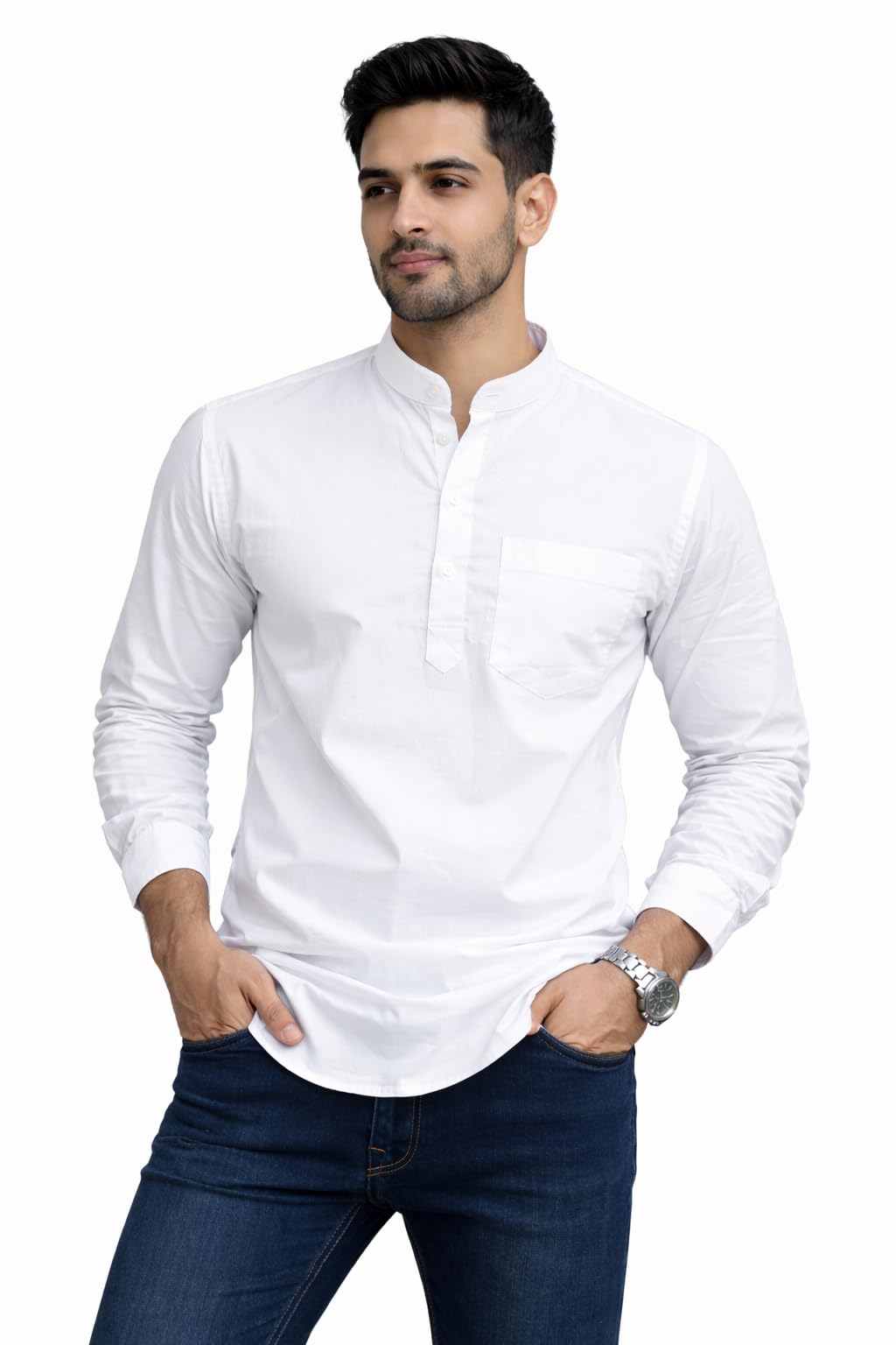 Men's Cotton Kurta, Mandarin Collar Short Kurta, Long Sleeve Casual Shirt for Summer
