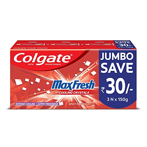 MaxFresh Toothpaste, Red Gel Paste with Menthol for Super Fresh Breath, 450g, 150g X 3 (Spicy Fresh)