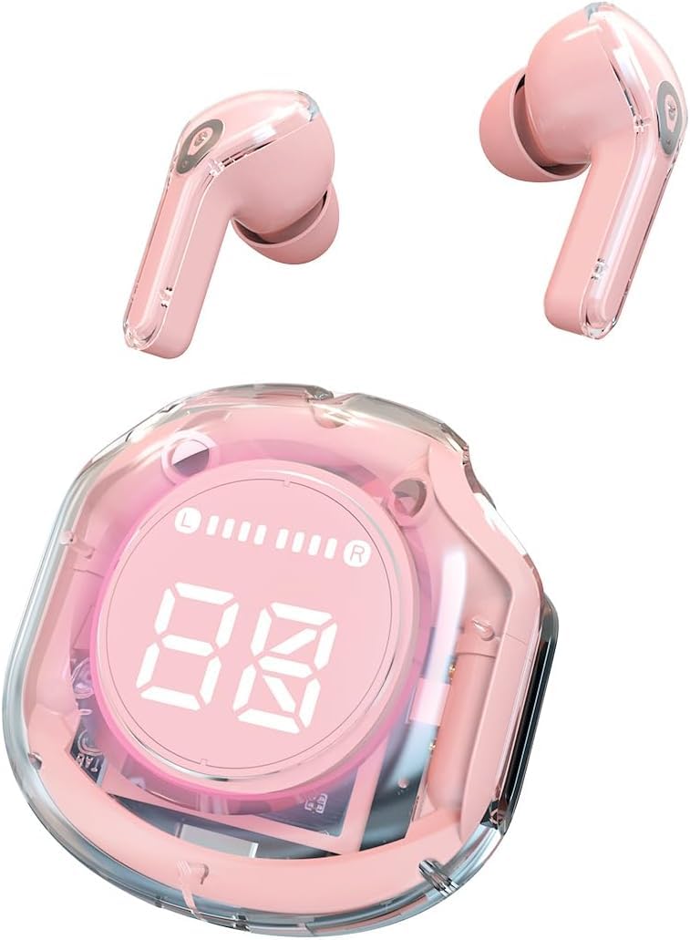 True Wireless Bluetooth Earbuds Transparency Headset LED Display Wireless Earbuds Tws Wireless Bluetooth Earbuds compatible with all mobiles,Sweat Proof Earbuds for running, workout (Pink)
