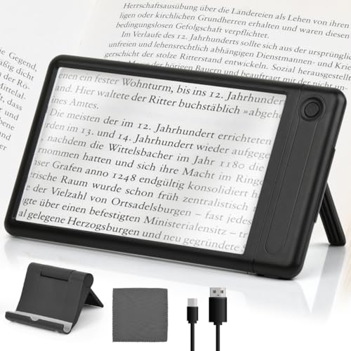 CENBEN 4X Magnifying Glass for Reading, Rechargeable Handheld Magnifying Glass with Light, Full Page Magnifier with 3 Brightness Levels Light for Elderly Reading Books, Newspaper, Small Print