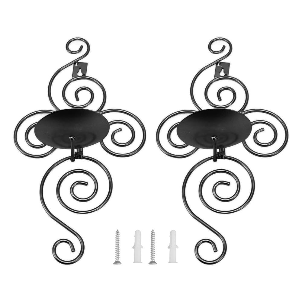 2 Sets Wall Candle Holders Foldable Iron Candle Stick Sconces European Swirl Design Hanging Sconce Black 19 x 35.5 cm for Living Room Bedroom(Black)