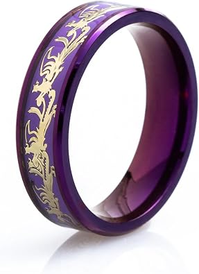 6mm/8mm Dragon Phoenix Pattern Purple Titanium Stainless Steel Ring Couple Lovers Engagement Wedding Band