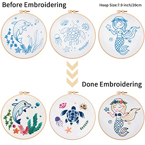 Louise Maelys 3 Sets Embroidery Starter Kit With Coastal Beach Stamped,Adults Beginners Cross Stitch Kit Include Embroidery Cloth With Dolphin Turtle Mermaid Pattern,Hoops,Threads And Needles #TOP2