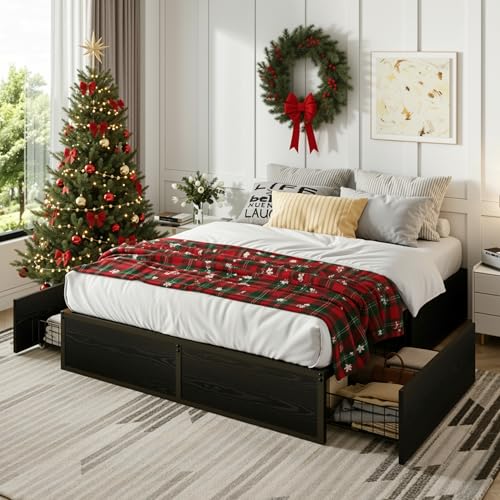 SHA CERLIN Queen Platform Bed Frame with 2 Large Storage Drawers, Rustic Wood and Metal, Noise-Free, Easy Assembly, No Box Spring Needed, Black