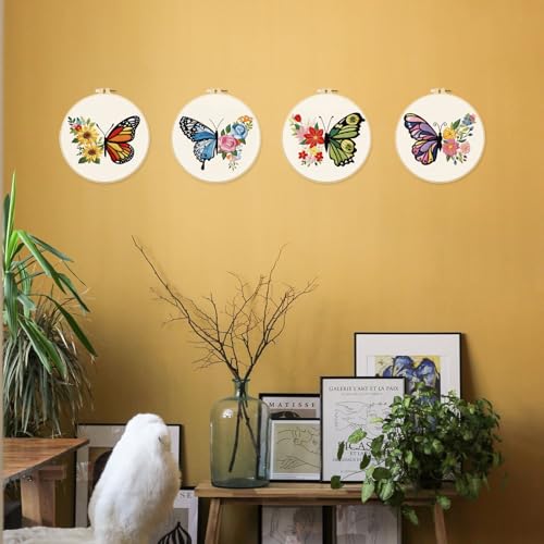 Image of INFUNLY 4 Sets Butterfly Embroidery Starter Kit for Beginners Flower Stamped Cross Stitch Kits with Instructions for Beginners Adults Include Embroidery Hoop Threads and Needles