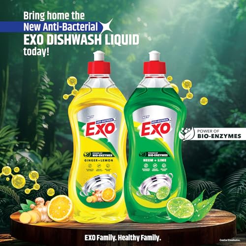 Image of Exo Dishwash Liquid Bottle | Neem & Lime | Tough Grease Removal for Utensils | Anti-Bacterial Liquid Dishwash | Bio-Enzyme Formula | No Residue Cleaning | Fresh Citrus Fragrance - 750ml
