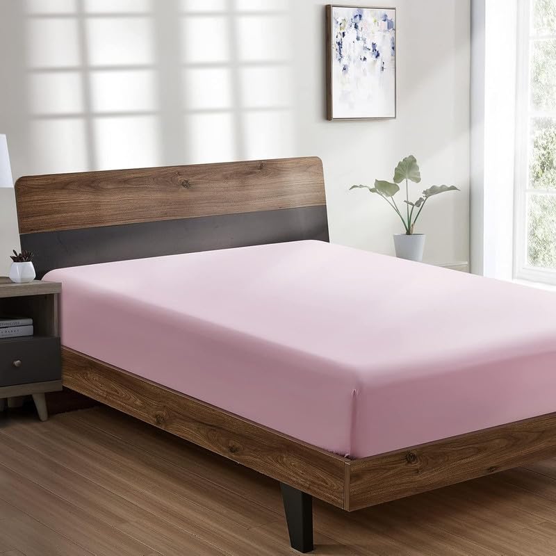 Image of Amazon Brand - Umi Cotton Feel Glace Cotton Fade Resistant Elastic Fitted Single Bed Bedsheet with 1 Pillow Cover Fits Upto 8 inches Mattress, Size- 36x78x10 Inches, Pink