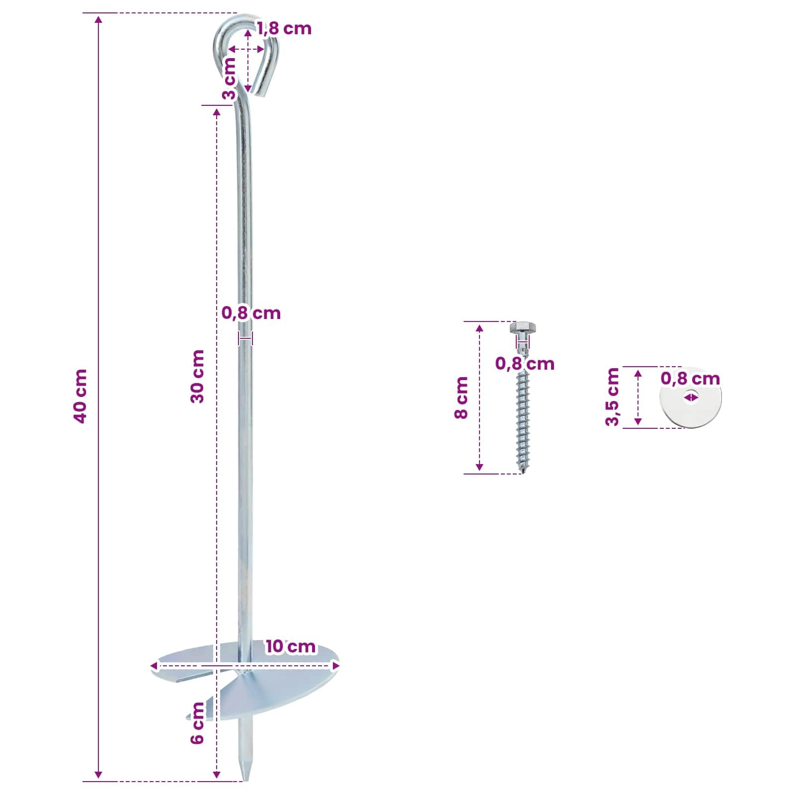 10 anclajes plateados de metal galvanizado, diámetro de 10 x 40 cm, resistentes a la intemperie y a la putrefacción, para jardín, terraza, cenador, postes de vallas, toldo y dispositivo de