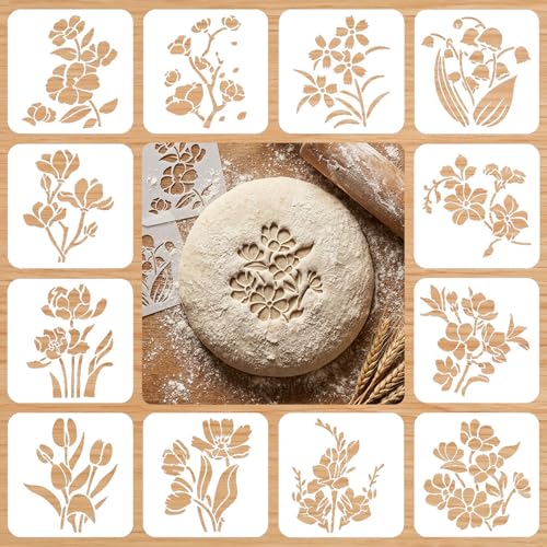 Guduling 12 Pcs Sourdough Stencils Reusable Bread Stencils for Sourdough for Artisan Loaf Decoration Baking Gifts & Custom Bakery Branding(White 5.12 x 5.12 in)