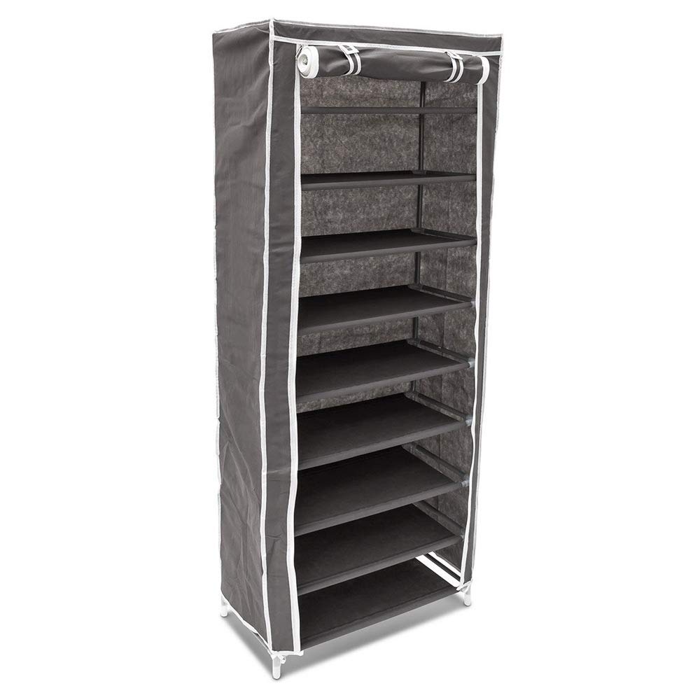 BAKAJI Scarpiera Armadio Salvaspazio 10 Ripiani 60x30x150cm Fino a 36 Paia di Scarpe Struttura Acciaio e Rivestimento in Tessuto TNT Impermeabile con Chiusura Zip Antipolvere (Grigio)