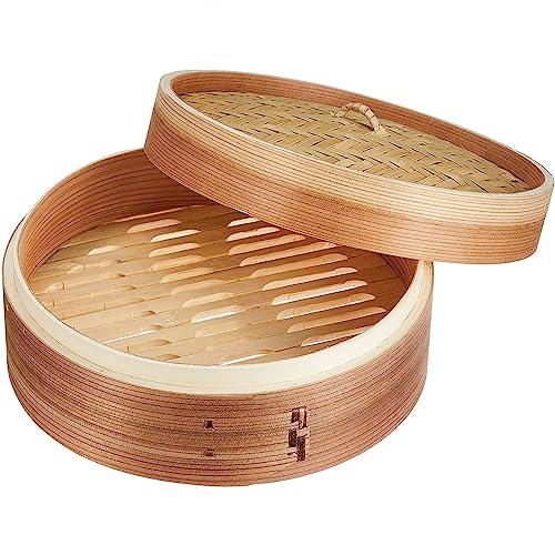 CABLEPELADO Cesta de Vapor de Bambú para Cocinar Asiático, Steamer de bambú, Canasta de bambú para vapor, Vaporera de bambú, Dim sum basket, Diámetro 25 cm, Altura 10 cm, 1 nivel, 480 gramos