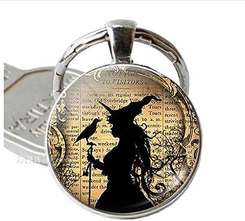 Witch and Raven Pendant Keychain Silver Alloy Key Ring Jewelry Men Women Gift