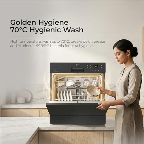 Image of Midea 8 Place Setting Countertop Dishwasher, 6 Wash Programs, Intensive Wash, Water Efficient (Portable Table Top, Compact Design, Suitable for Indian Utensils, Small Family Use)