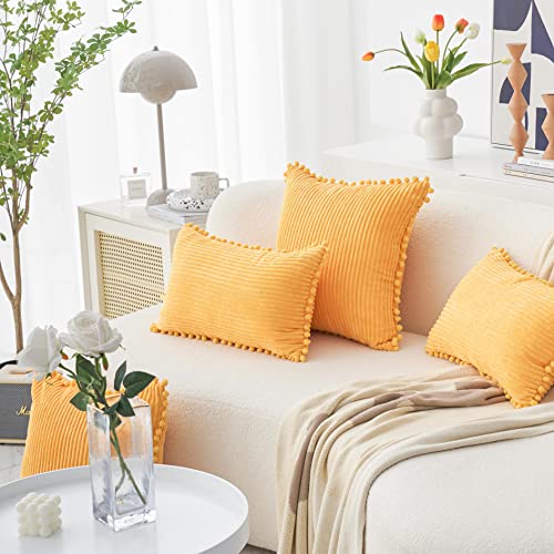 Home Brilliant Yellow Cushion Covers Soft Striped Corduroy Large Cushion Covers 60cm x 60cm with Pom-poms for Sofa Couch Bedroom Living Summer 24 Inch - Image 2