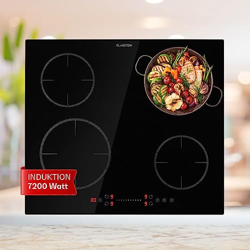 Klarstein Plaque Induction Encastrable de 7200W, Table de Cuisson Induction, Plaque Induction 4 Feux, Plaque de Cuisson Induction avec Contrôle Tactile, Tables de Cuisson Electrique 4 Foyers, Plaques