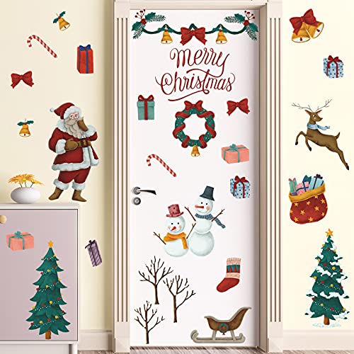 Christmas Santa Wall Decals Snowman Snow Trees Wall Stickers Diy Removable Sled Car Deer Bells Wreath Gifts Winter Wall Decor For Kids Baby Window Nursery Playroom Office Shop Holiday New Year Dt-029 #TOP7