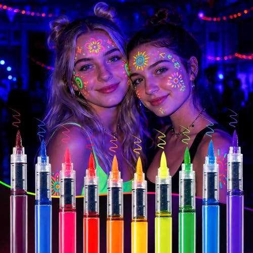 Gellen 10 Color Glow Face & Body Paint Pens, Skin-Safe, Quick-Dry, Washable