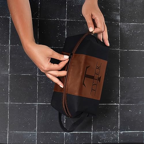 Toiletry Bag for Men Personalized, Laser Engraved Initial & Name on Leather, Custom 4 Canvas Colors - Gift for Husband, Dad, Boy Friend, Handcrafted Travel Bag, Waterproof Shaving Dopp Kit2