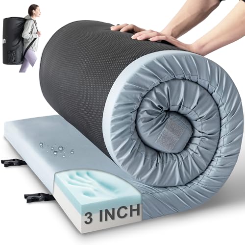Kingfun 3 Inch CertiPUR-US Memory Foam Camping Mattress Pad, Waterproof Roll up Sleeping Pad, Thick...