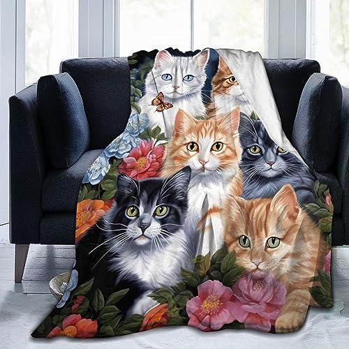 TOHTWAG Cat Blanket Cute Flower Animal Throw Print Blanket Flannel Plush Bedding Blankets for Kids Adults Travel Gifts 50