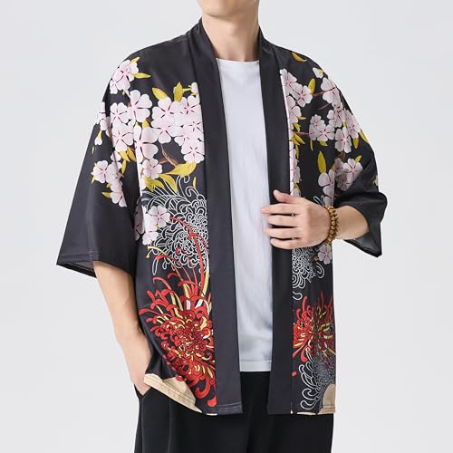 Image of Men's Japanese Kimono Robe Jacket Lightweight 3 /4 Sleeve Open Front Yukata | Silky Smooth Fashion Print Happi Coat Lightweight Breathable Loose Unisex Haori Casual Summer Cardigan Daily Beach Vacation