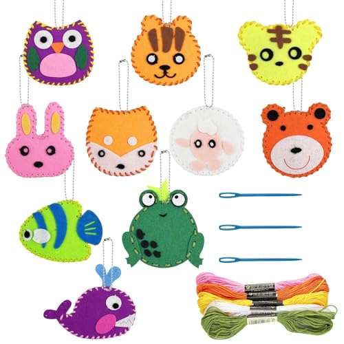 Ravytha 10 Pièces Kit Couture en Feutre Animal, Tricotin Bricolage, Kits d'Artisanat en Feutre, Sacs De Matériel Artisanat Créatif Animaux, pour Cadeau de DIY, Débutant Apprendre à Coudre et à Broder