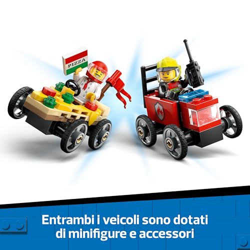 City Pack Veicoli da Corsa: Pizzaiolo Contro Pompiere - Macchine Giocattolo con 2 Minifigure, Giochi per Bambini e Bambine da 5 Anni in su - Regali Divertenti per Compleanni e Festività - 60458 - Lego - Immagine 2