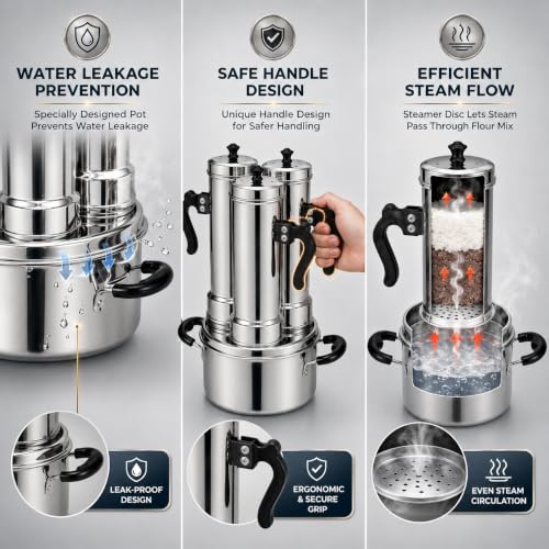 Image of Nakshathra Stainless Steel Puttu Maker with Steamer 3 Plus 1 Free Extra Big with Caps, Puttu Kudam with Bakelite Handle, Induction & Gas Compatible, Toxin Free