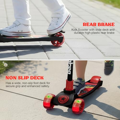 Image of Baybee Kitty Kick Scooter for Kids | Foldable 3 Wheel Kid Scooter with 4 Height Adjustable Handle & Brake | Skate Scooters with LED PU Wheels | Runner Scooters for Kids 3 to 10 Years Boys Girls (Red)