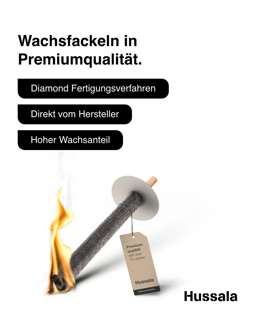 Hussala Diamond Wachsfackeln für draußen 30 Stück bis zu 45 min mit langen Holzstab und Tropschutz Premium Gartenfackel
