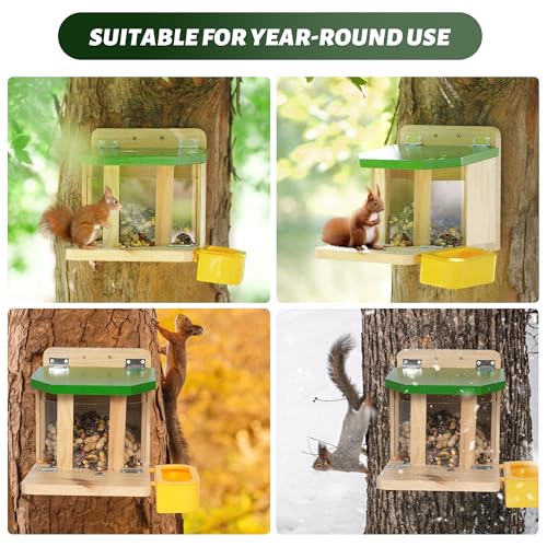 MIXXIDEA Wooden Squirrel Feeders for Outside with Water Bowl, Large Capacity, Sturdy Squirrel Feeder House with Thick Wood, No Assembly Required, for Backyard Outside Garden (Green)