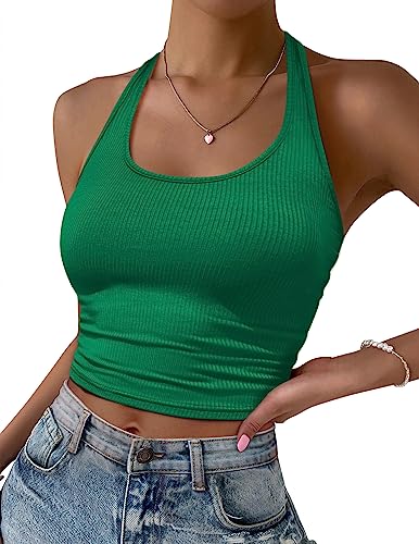 Image of Ekouaer Women Halter Top Backless Scroop Neck Slim Stretchy Ribbed Knit Camisole Crop Tops S-XXL