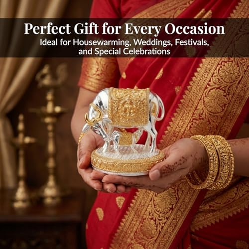 Image of 24K Gold and 999 Pure Silver Plated Kamdhenu Cow Idol - 3.5 Inch Auspicious Vastu Home Decor for Pooja Room and Mandir - Sacred Two-Tone Symbol of Prosperity and Success