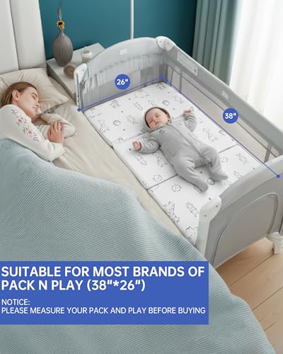 Image of Trifold Pack and Play Mattress - 38 inchx26 inch Dual-Firmness Memory Foam Pack N Play Mattresses with Travel Bag, Foldable Animal Mattress for Pack n Play, Portable & Removable Cover
