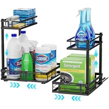 iSPECLE Under Kitchen Sink Organizer, 2 Pack L-Shaped Height Adjustable Pull-Out Cabinet Organizer for Center-Mounted Garbage Disposal & Plumbing, Heavy-Duty Sliding for 30-36 Inch Wide Sink Cabinets