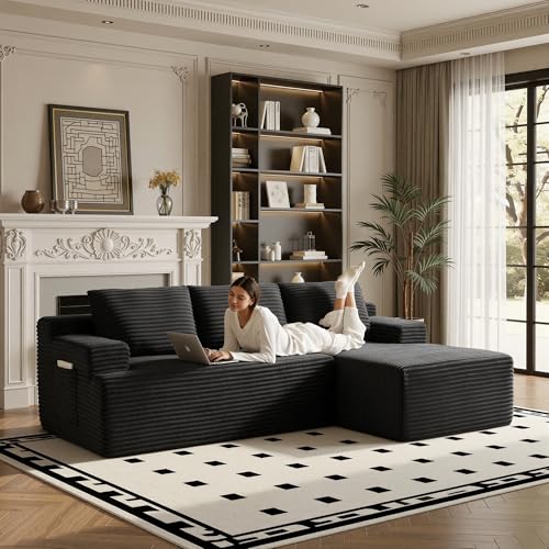Image of 96 inch Sectional Couches for Living Room Cloud Couch Sofa with L-Shape Upholstered Boneless Couchs Modern Modular Sectional Couch with Chaise (Black, 95 inch W+Right Facing Chaise+2Seaters)