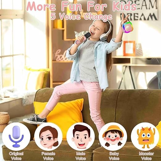 Image of Pink Portable Bluetooth Speaker with Wireless Mic, RGB LED Party Light, Heavy Bass Karaoke Speaker, Rechargeable Battery, Portable Handle, Wireless Mic for Kids & Adults, Home & Outdoor Party