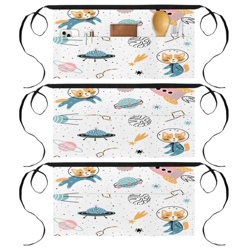 Lot de 3 tabliers courts de chef Space Cat Planet multicolores avec 3 poches pour cuisine