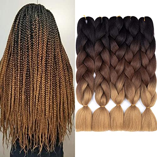 Synthetic Ombre Braiding Hair Extension 3 Tone Kanekalon Jumbo Braids Hair 5Pcs 24 Inch for Women Yaki Texture Crochet Braid Hair 100g/pcs(24" 5pcs, black/dark brown/light brown)