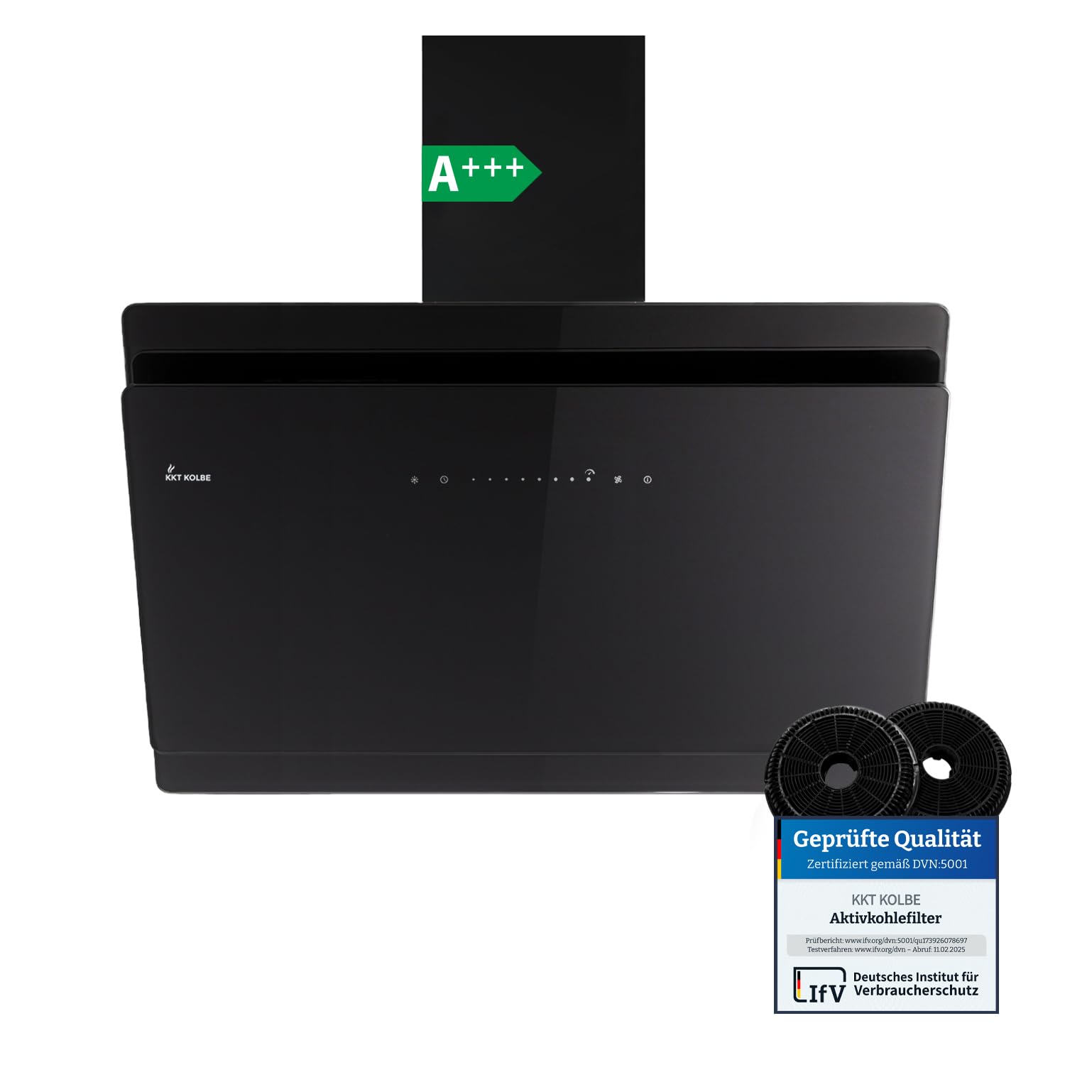KKT KOLBE A+++ - Cappa aspirante 90 cm, 782 cbm/h, ricircolo d'aria, senza testa, cappa da parete, in vetro, colore nero, sensore Touch, illuminazione a LED, SOLO9005S