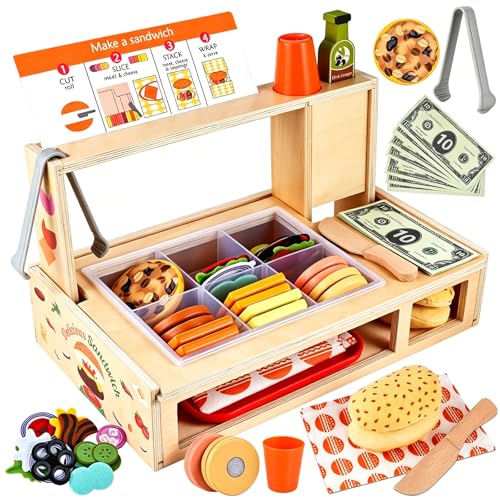 WoodTrove Foldable Sandwich Maker Toy Wooden Sandwich Counter with Hamburgers Side Dishes Beverages Pretend Play Kitchen Food Toy Preschool Toys Gift for Kids 3+