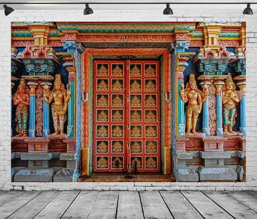 CORFOTO 7x5ft Tela Colorida India Tanjore Temple Puerta Telón de Fondo Antigua India Religión Edificio Foto Fondo para Decoraciones de Cumpleaños Indias Adultos Foto Prop Fiesta Temática India