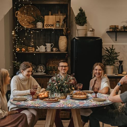 Fitted Round Tablecloth for 45-54" Tables Stain Resistant Vintage Earthy Vinyl Mantel Para Mesa Redonda Kitchen Apartment Organizers Picnic Camping List Women Men Cool Practical Gift Ideas