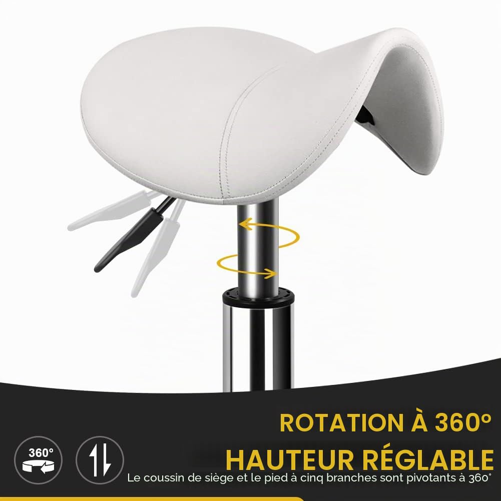 WKWKER Tabouret à roulettes Robuste avec roulettes hydrauliques pivotantes réglables - Tabouret Ergonomique en Cuir épais pour Cuisine, Dessin, Laboratoire, Bureau, Salon - Blanc