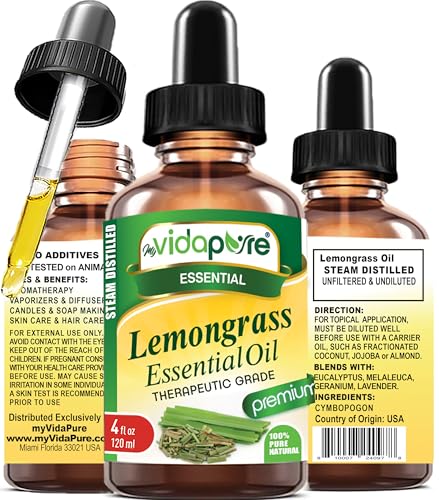 myVidaPure Lemongrass Essential Oil 100% Pure Natural Undiluted 4 fl oz- 120 ml for Beauty, Skin, Hair, Aromatherapy, Soaps, Candles, Reed Diffusers, Perfume
