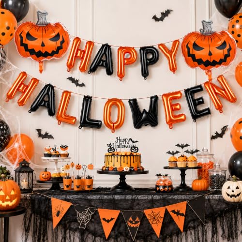 Image of Happy Halloween Balloons, Halloween Decorations Balloons, 14 PCS 16 inch Orange and Black Happy Halloween Letter Balloon with 2 PCS 24 inch Pumpkin Shaped Foil Balloon for Halloween Party Decorations Supplies